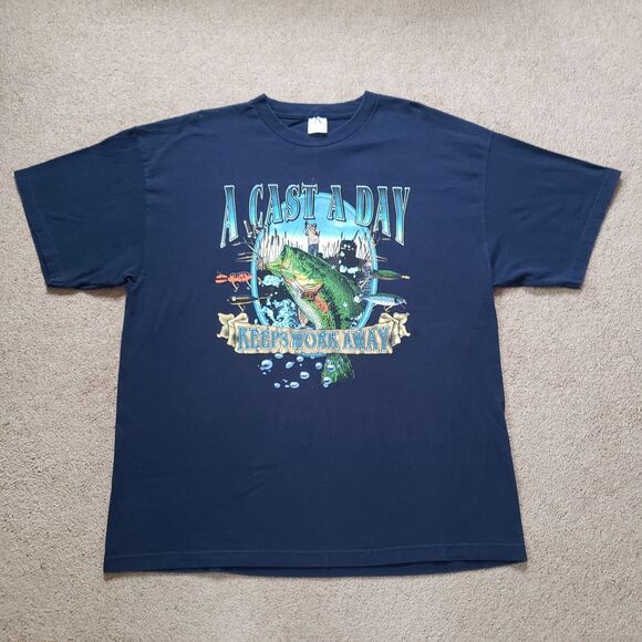 Vintage Y2K A Cast A Day Keeps Work Away Sz 2XL Mens Blue Fishing T-Shirt Fish - Picture 2 of 5